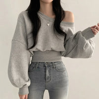 Women’s Asymmetrical Off-Shoulder Fleece Crop Top Long Sleeve Pullover