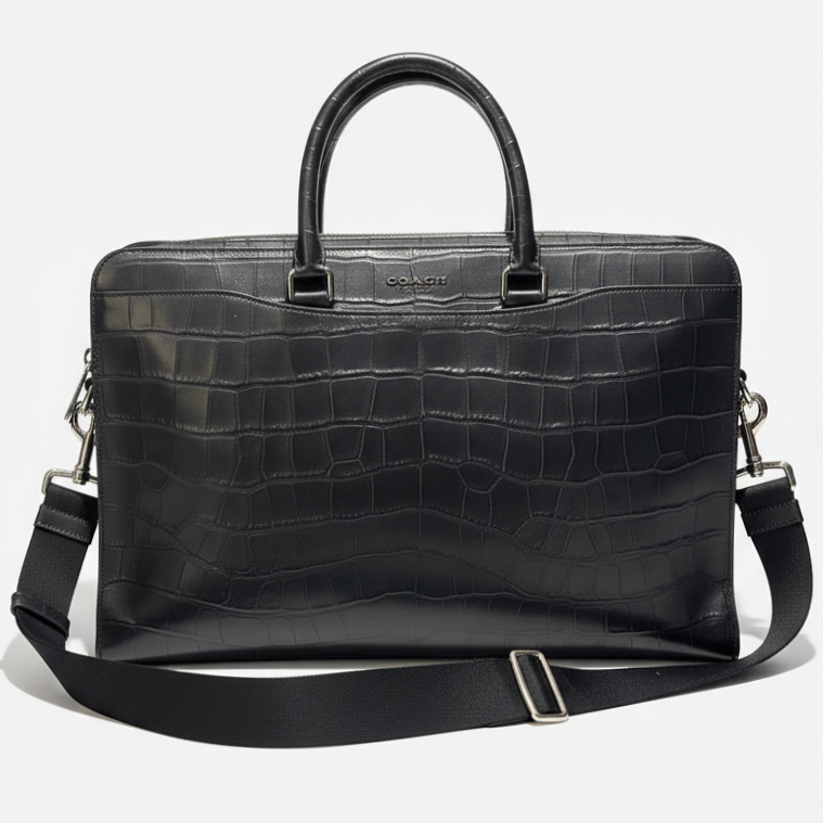 Coach Beckett Structured Brief F73526 – Croc-Embossed Leather Laptop Bag (Black) (Pre-Owned)