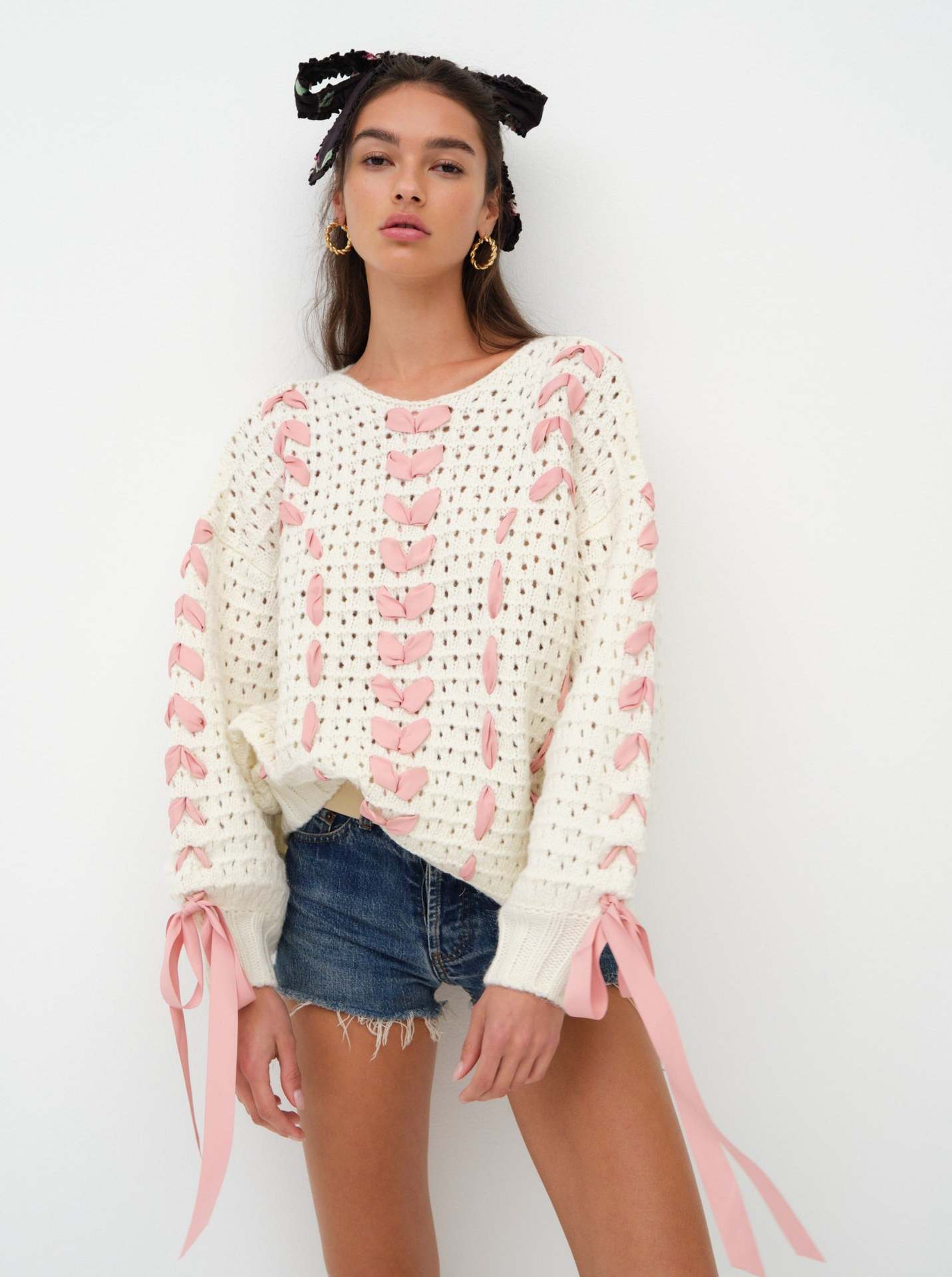 Ribbon Detail Open-Knit Sweater