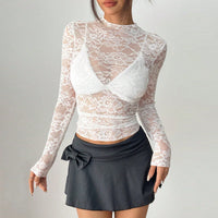 Women’s White Sheer Lace Long Sleeve Top Slim Fit Layering Shirt