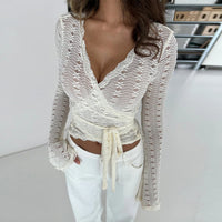 Women’s V Neck Wrap Long Sleeve Crop Top Exposed Waist Knit Style