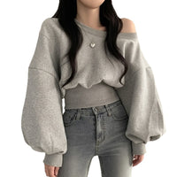 Women’s Asymmetrical Off-Shoulder Fleece Crop Top Long Sleeve Pullover