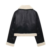 Women’s Faux Shearling Lined Moto Jacket with Lapel Collar and Zipper Front