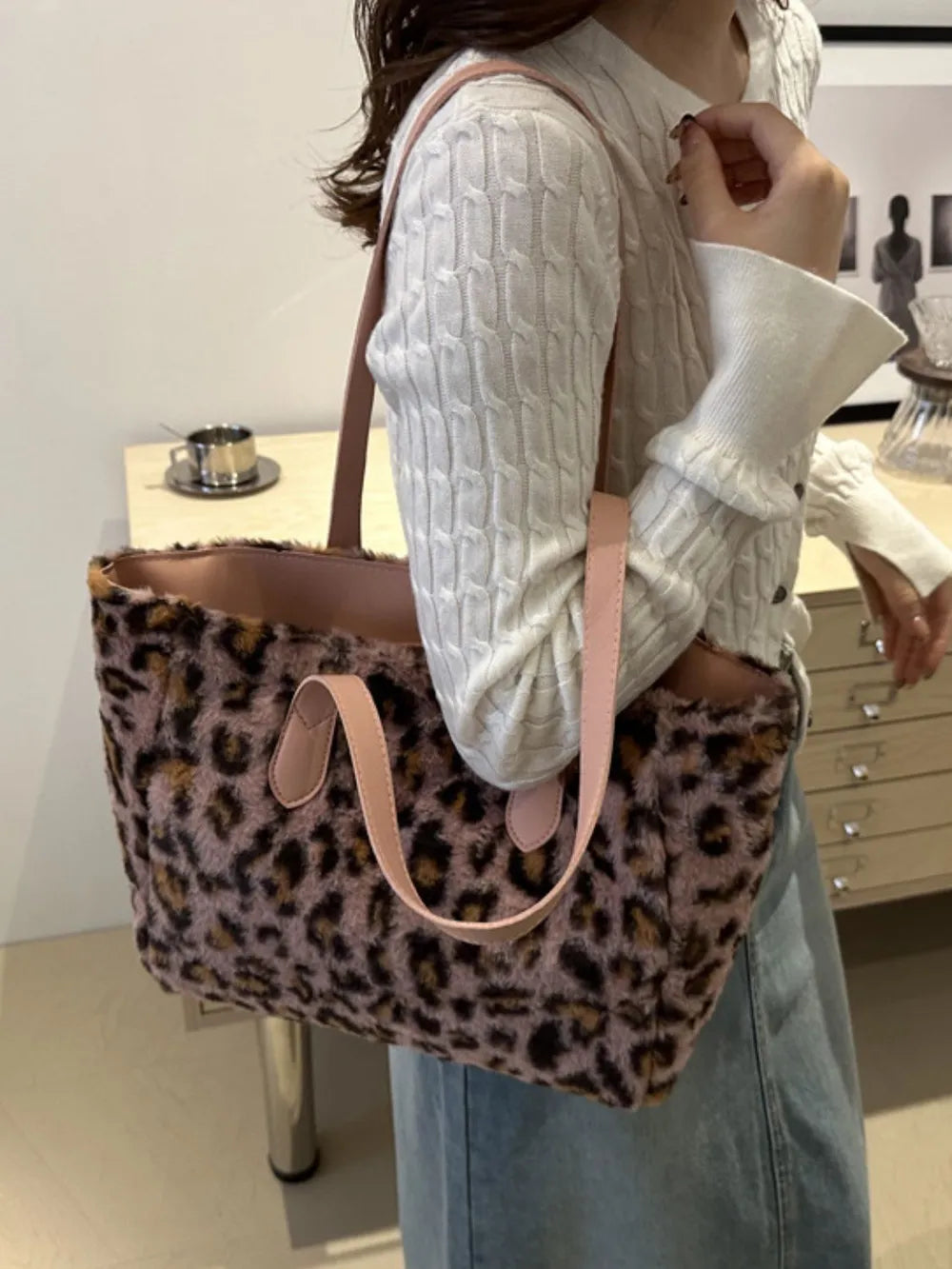 Leopard Print Faux Fur Tote Bag with Zip Closure