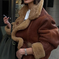 Women’s Camel Faux Shearling Jacket – Lined Winter Coat with Collar and Pockets