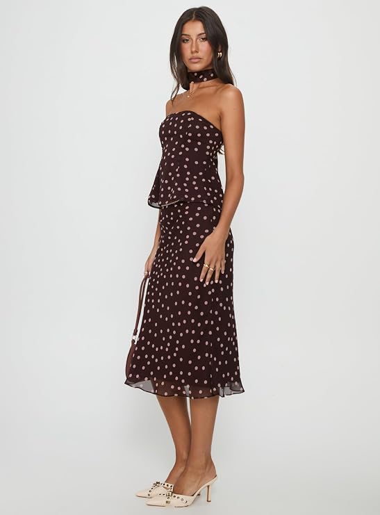 Side angle of the Princess Polly chocolate polka dot strapless top with neck scarf