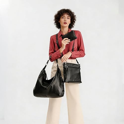 Women's Leather Hobo Bag Set – 3-Piece with Crossbody & Wristlet