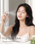Model spraying HYDRAÉ Rejuvenating Toner Mist for lightweight hydration before makeup
