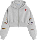 Aelfric Eden gray cropped dachshund embroidered zip-up hoodie, size Small
