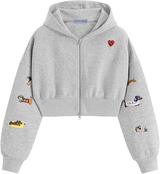 Aelfric Eden gray cropped dachshund embroidered zip-up hoodie, size Small