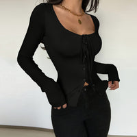 Women’s Square Neck Tie Front Cardigan Long Sleeve Button Top