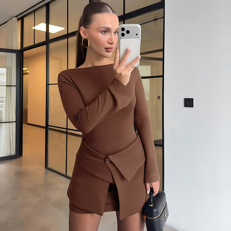 Long Sleeve Two Piece Mini Dress Set with Folded Button Skirt