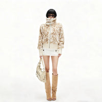 Women’s Beige Faux Fur Short Jacket Stand Collar Zip Front Coat