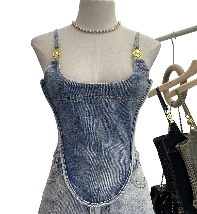 Women’s Denim Corset Camisole with Back Zipper, Irregular Hem Y2K Bustier Top
