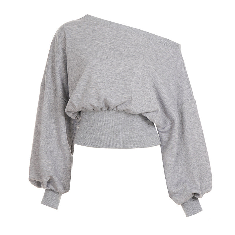 Women’s Asymmetrical Off-Shoulder Fleece Crop Top Long Sleeve Pullover