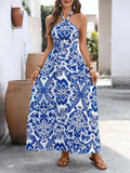 Women's Halter Maxi Dress | Blue Paisley Print High-Low - Gloss & Grit