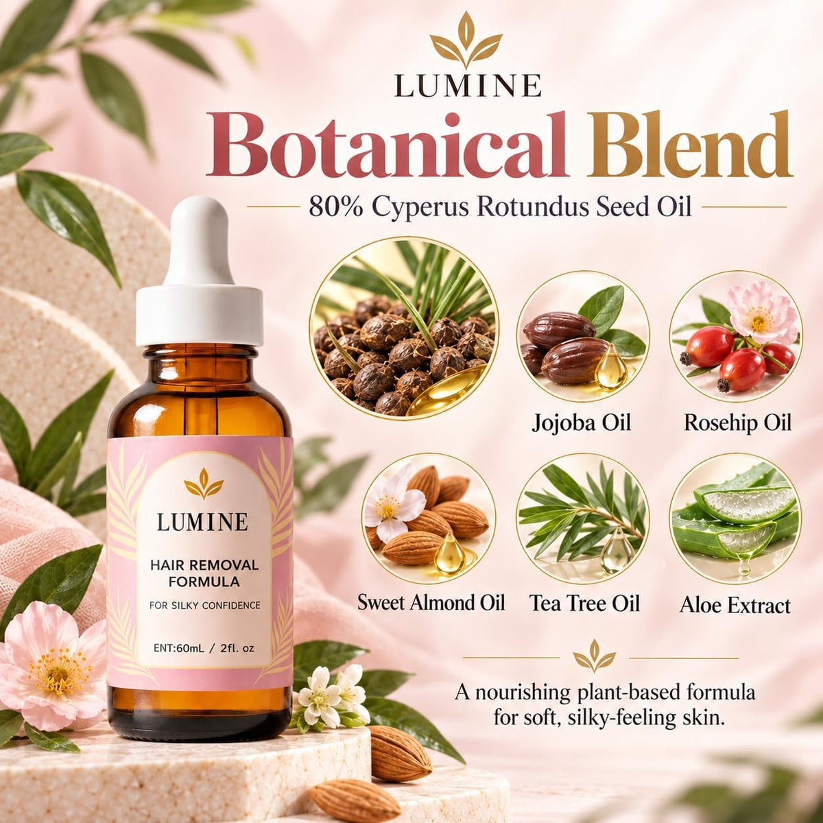 LUMINE body oil botanical blend with jojoba, rosehip, sweet almond and tea tree oils