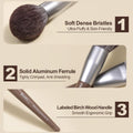 Bueart Design brush details: soft dense bristles, aluminum ferrule, birch wood handle