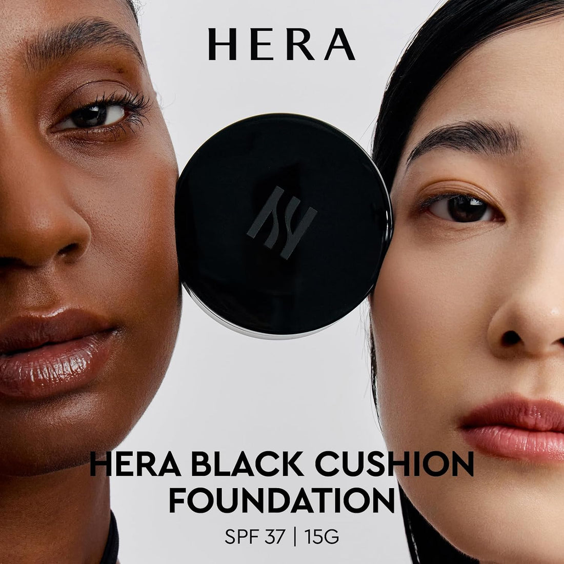 HERA Black Cushion Foundation compact in a deep shade with puff and swatch