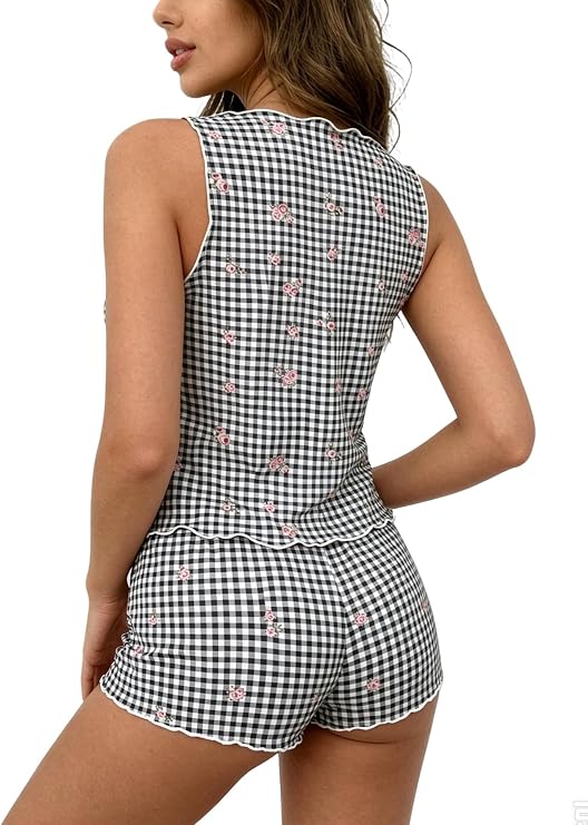 Sewius black and white gingham tank and shorts pajama set with pink roses, front