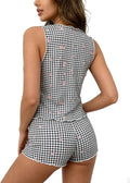 Back view of the Sewius gingham and rose two-piece tank and shorts pajama set
