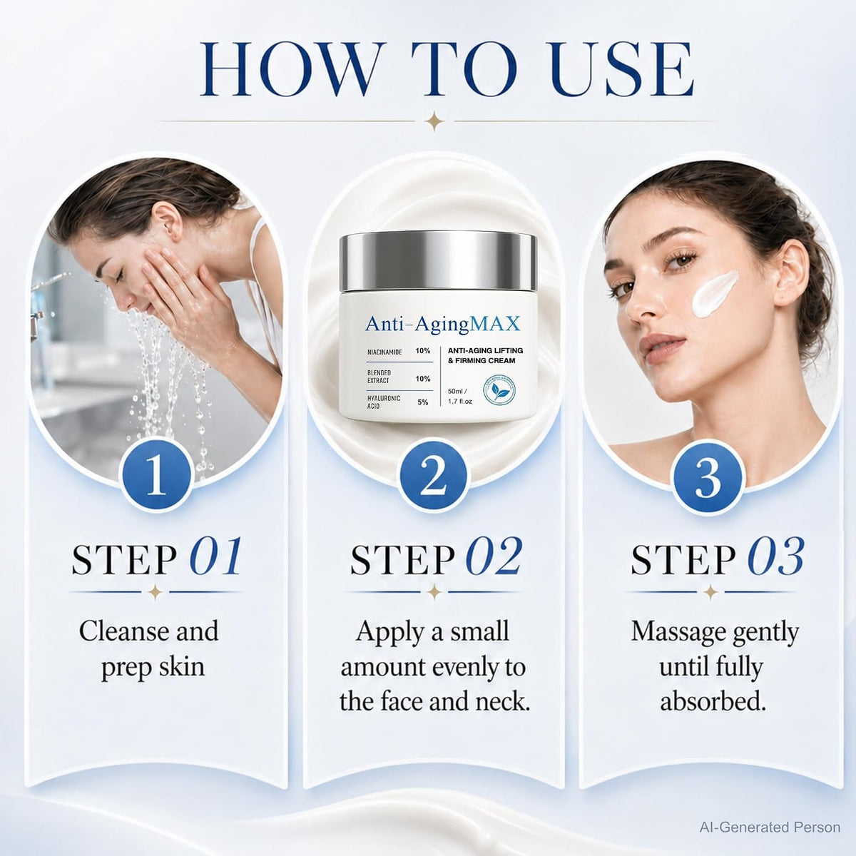 How to use MAIAMIMAX face and neck cream: cleanse, apply, massage until absorbed