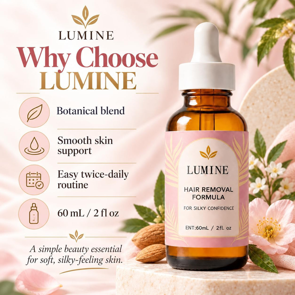 Why choose LUMINE: botanical blend body oil in a 60 ml dropper bottle