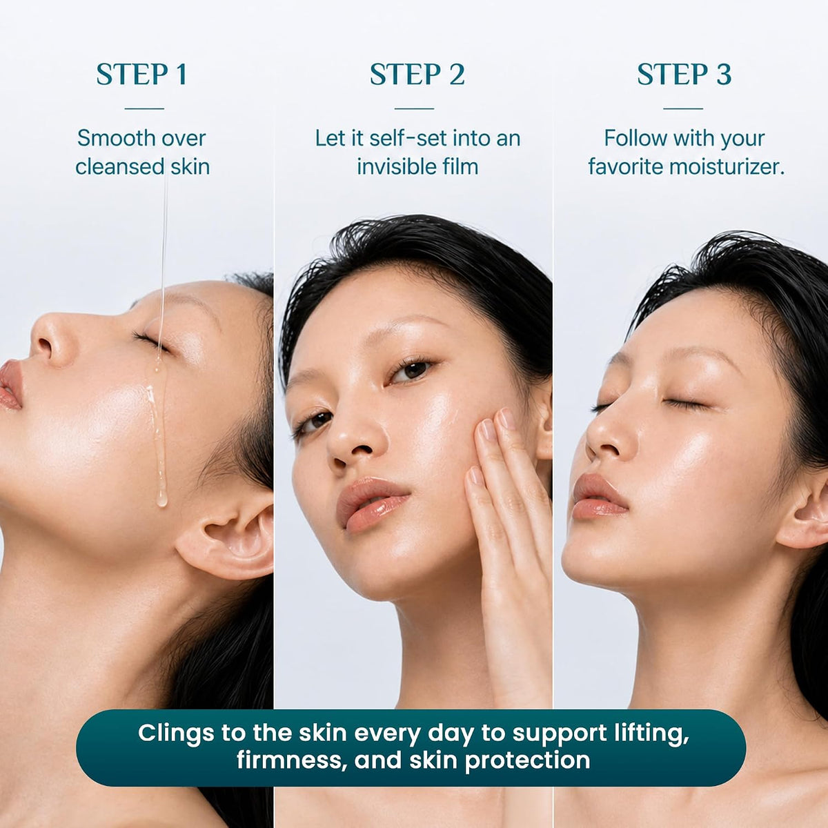 Three steps to use zipiel Cica PDRN Shield Lifting Film Serum on clean skin
