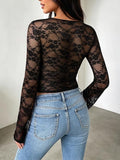 Noir Floral Lace Bell Sleeve Top