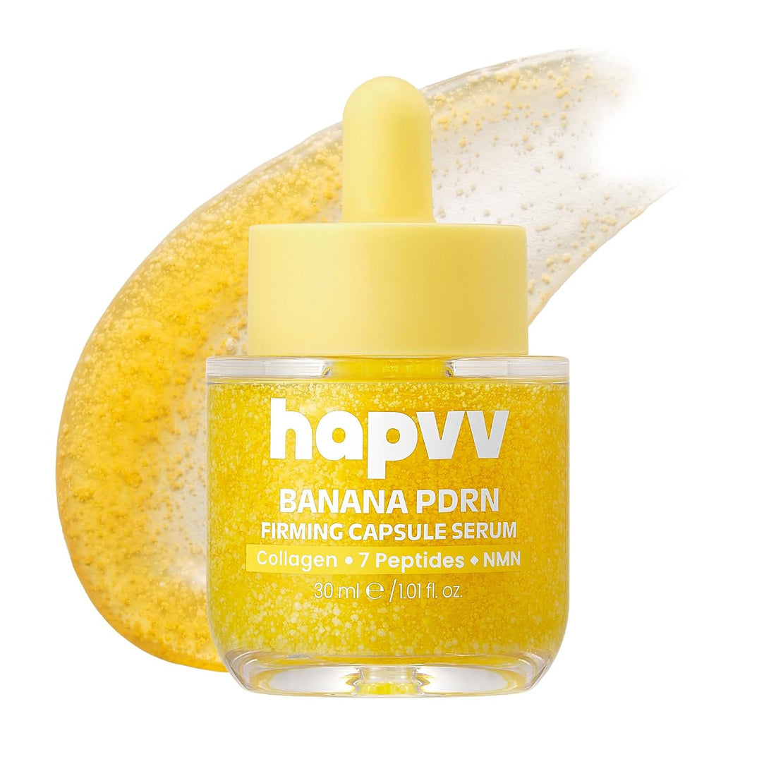 HAPVV Banana PDRN Firming Capsule Serum in a yellow dropper bottle with texture swatch