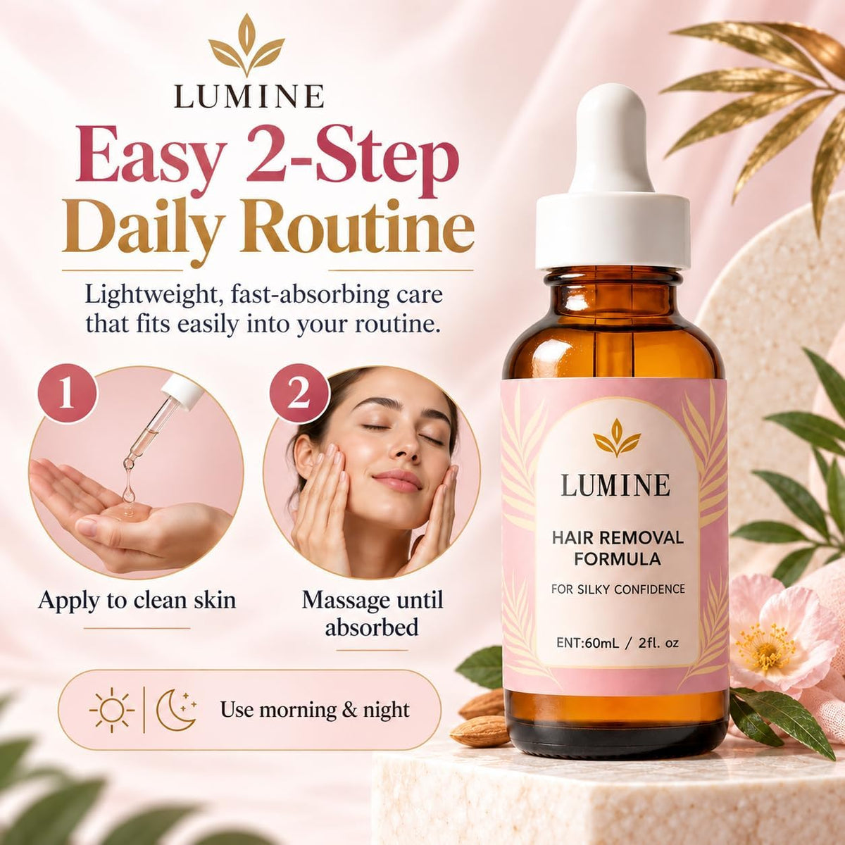 Easy two-step routine for LUMINE Cyperus Rotundus Body Oil, morning and night
