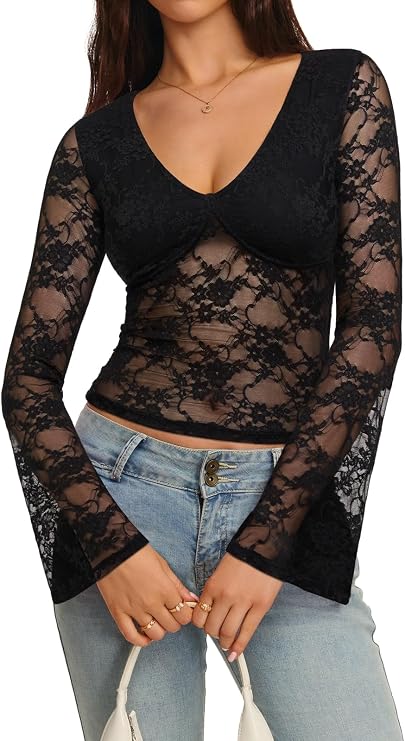 Noir Floral Lace Bell Sleeve Top