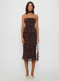 Princess Polly chocolate and pink polka dot strapless top styled with a midi skirt