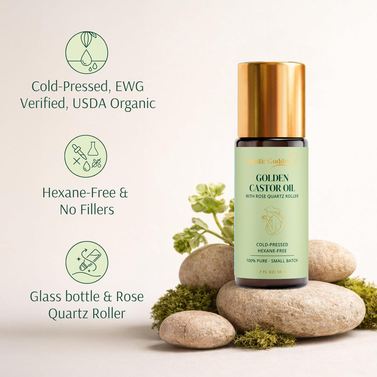 Organic Golden Castor Oil with Rose Quartz Roller 1.7 fl oz