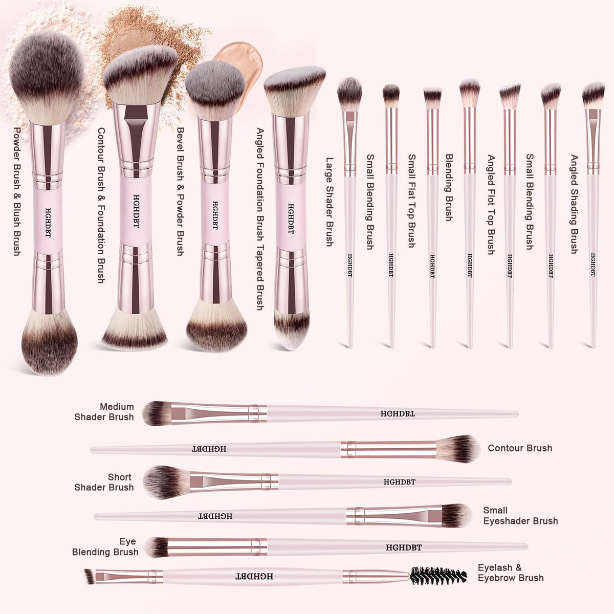 HGHDBT 53-piece pink makeup brush set laid out with each brush labeled