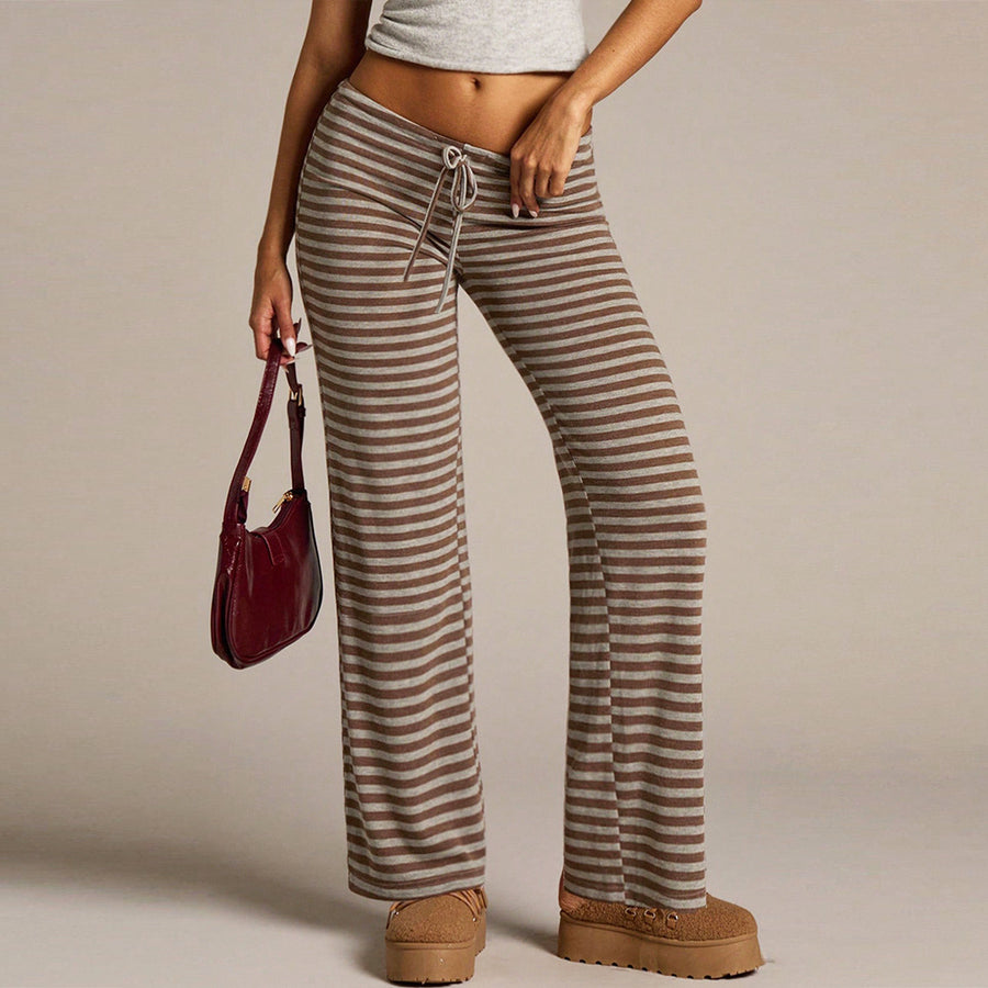 Women’s Khaki Striped Wide Leg Lounge Pants Casual Drawstring Fit
