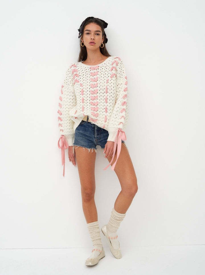 Ribbon Detail Open-Knit Sweater
