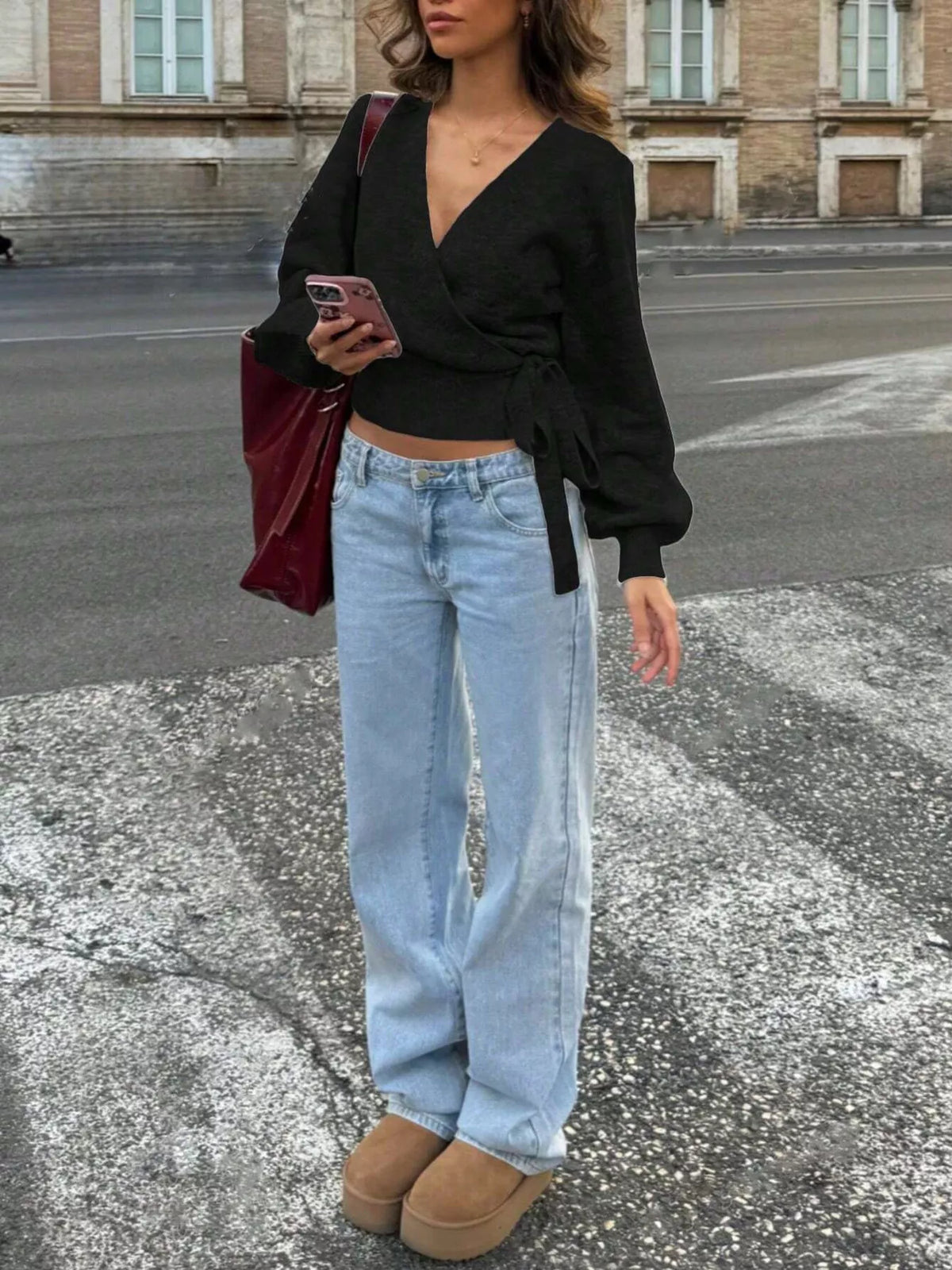 Tie Waist Surplice Knit Sweater Top with Wrap Front - Gloss & Grit