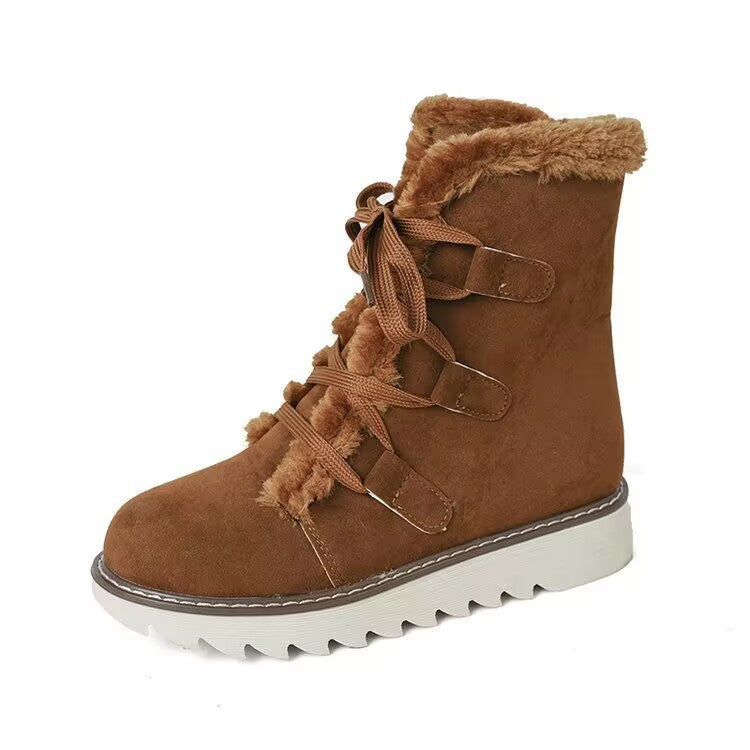 Women’s Fleece-Lined Suede Snow Boots with Lace-Up Design – Warm Winter Footwear