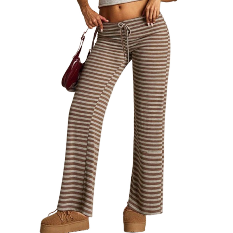 Women’s Khaki Striped Wide Leg Lounge Pants Casual Drawstring Fit