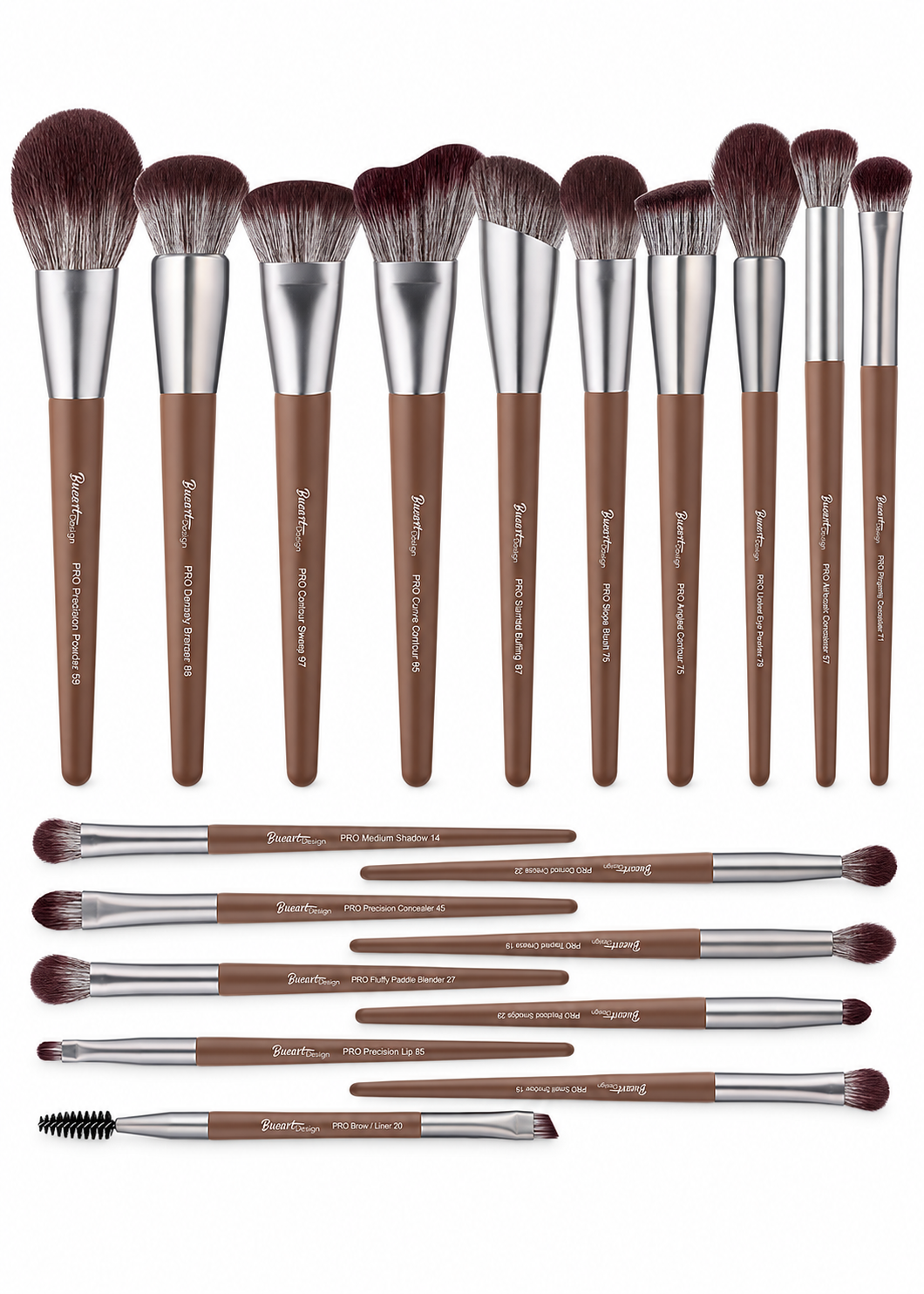 Bueart Design 19-piece makeup brush set in chocolate brown with silver ferrules