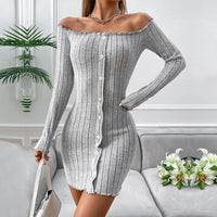 Women’s Ribbed Off-Shoulder Button-Front Bodycon Mini Dress — Long Sleeve