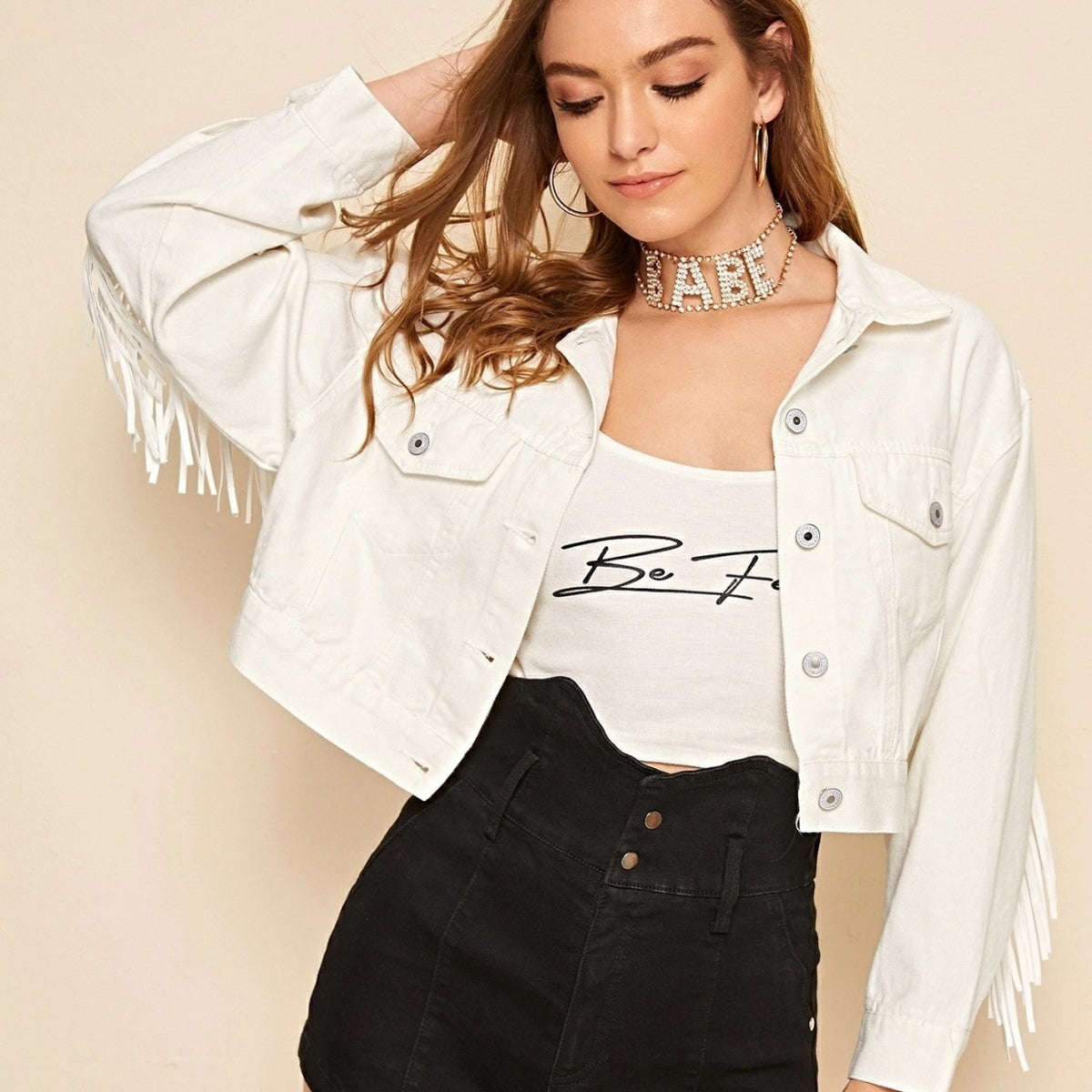 Cropped White Fringe Denim Jacket