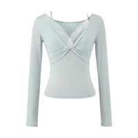 Women’s Twist Front Lace V-Neck Long Sleeve Top, Soft Stretch Knit