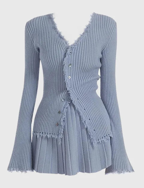 Women’s Pleated Cardigan and Mini Skirt Set – Vintage Fall Outfit Two Piece