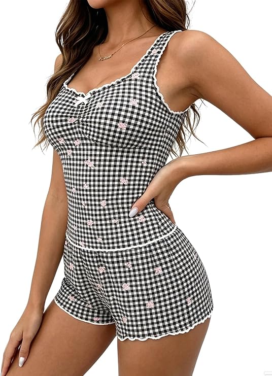 Sewius black and white gingham tank and shorts pajama set with pink roses, front