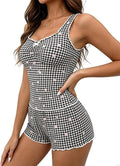 Sewius black and white gingham tank and shorts pajama set with pink roses, front