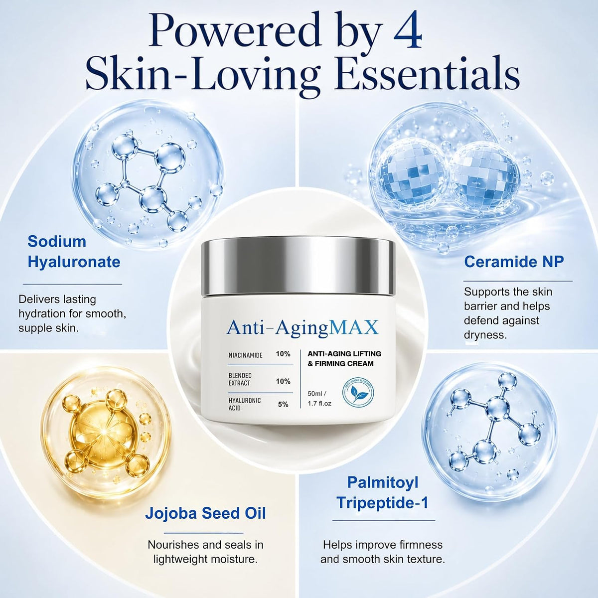 MAIAMIMAX cream key ingredients: sodium hyaluronate, ceramide NP, jojoba oil, peptides