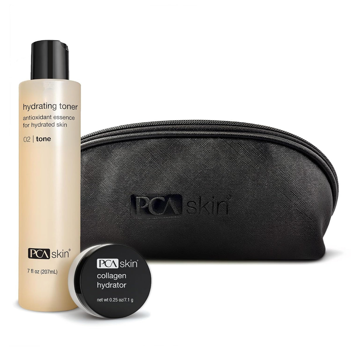 PCA SKIN toner, collagen hydrator and black travel bag on white background