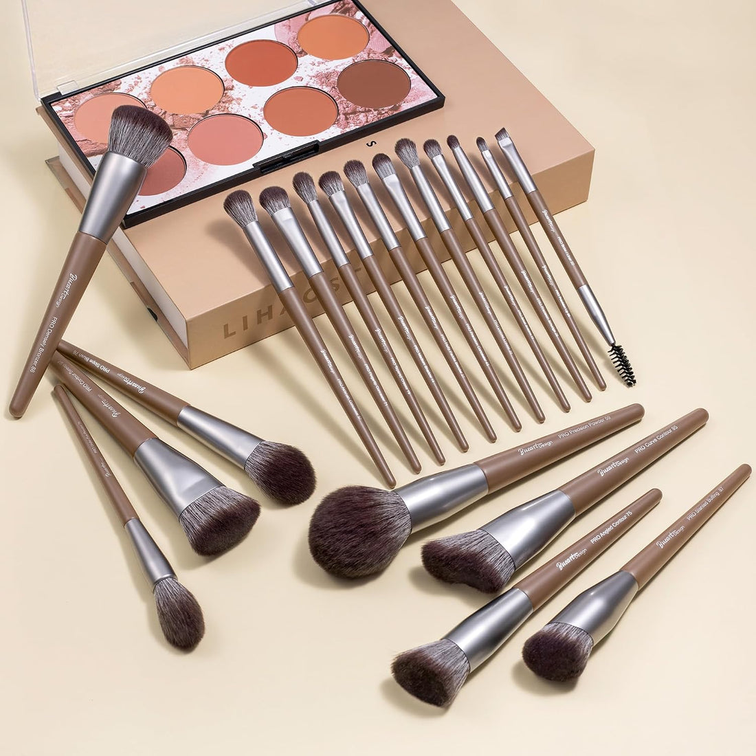 Bueart Design 19-piece makeup brush set in chocolate brown with silver ferrules